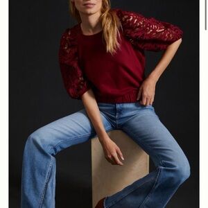 NWT ANTHROPOLOGIE LACE SLEEVE SWEATSHIRT WINE DOLAN BRAND TRENDING BRAND POPULAR